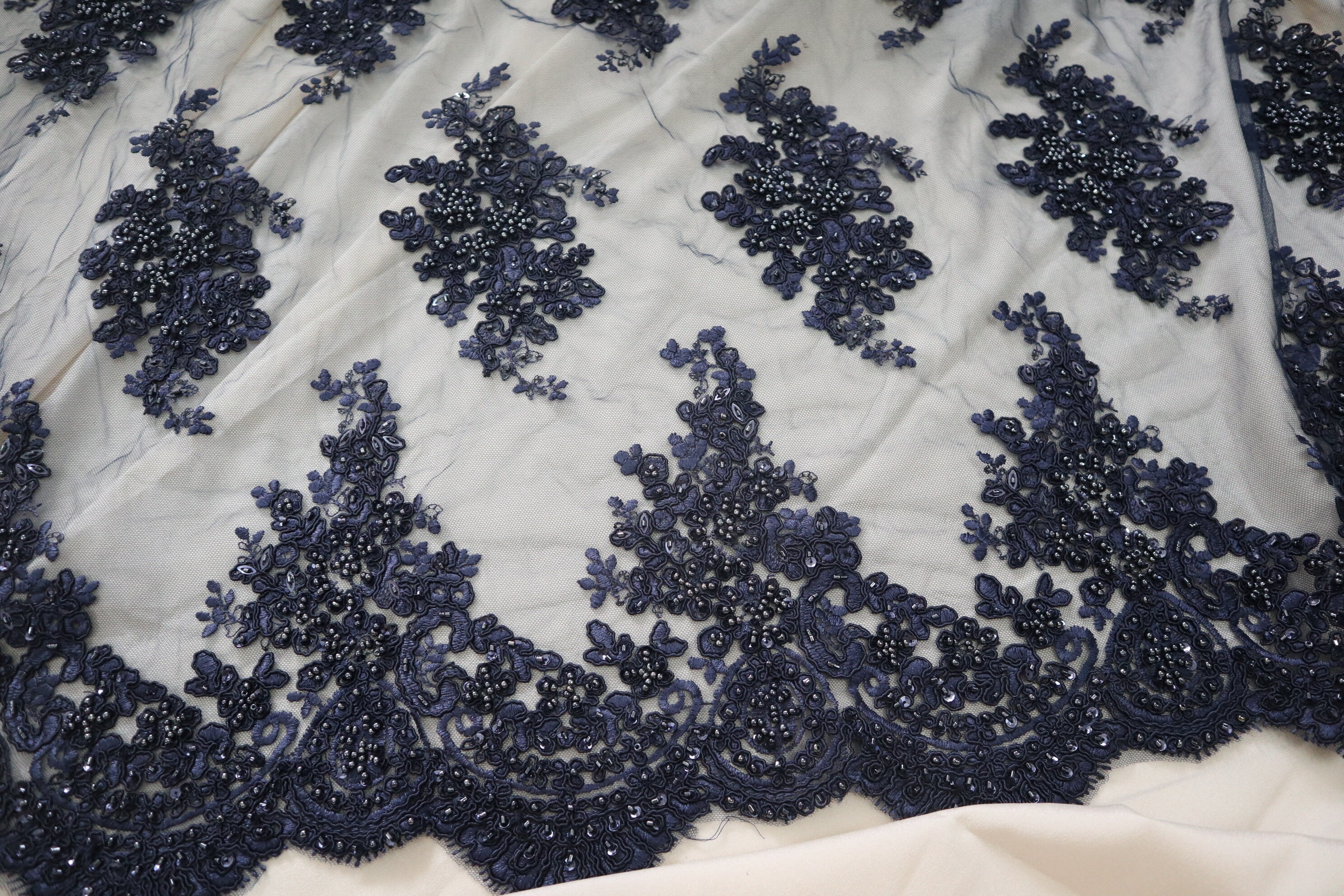 Luxury Dark Blue Heavy Beaded Lace Fabric by the Yard Navy - Etsy