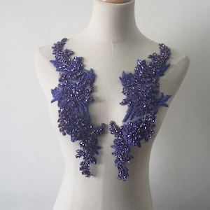 Deluxe Royal blue Rhinestone Applique, beaded lace patches shoulder collar bodice handcraft appliques Bridal Sash headpieces Accessories