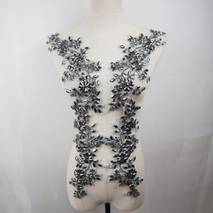 handmade Gray rhinestone appliques, gun-color beaded flower shoulder collar bodice applique handcraft Bridal Sash headpieces Accessories