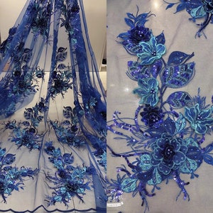royal blue 3D flower lace fabric, 3D Beaded Embroidered Applique for Dance Costumes, Bridal Gown Hem Accessories
