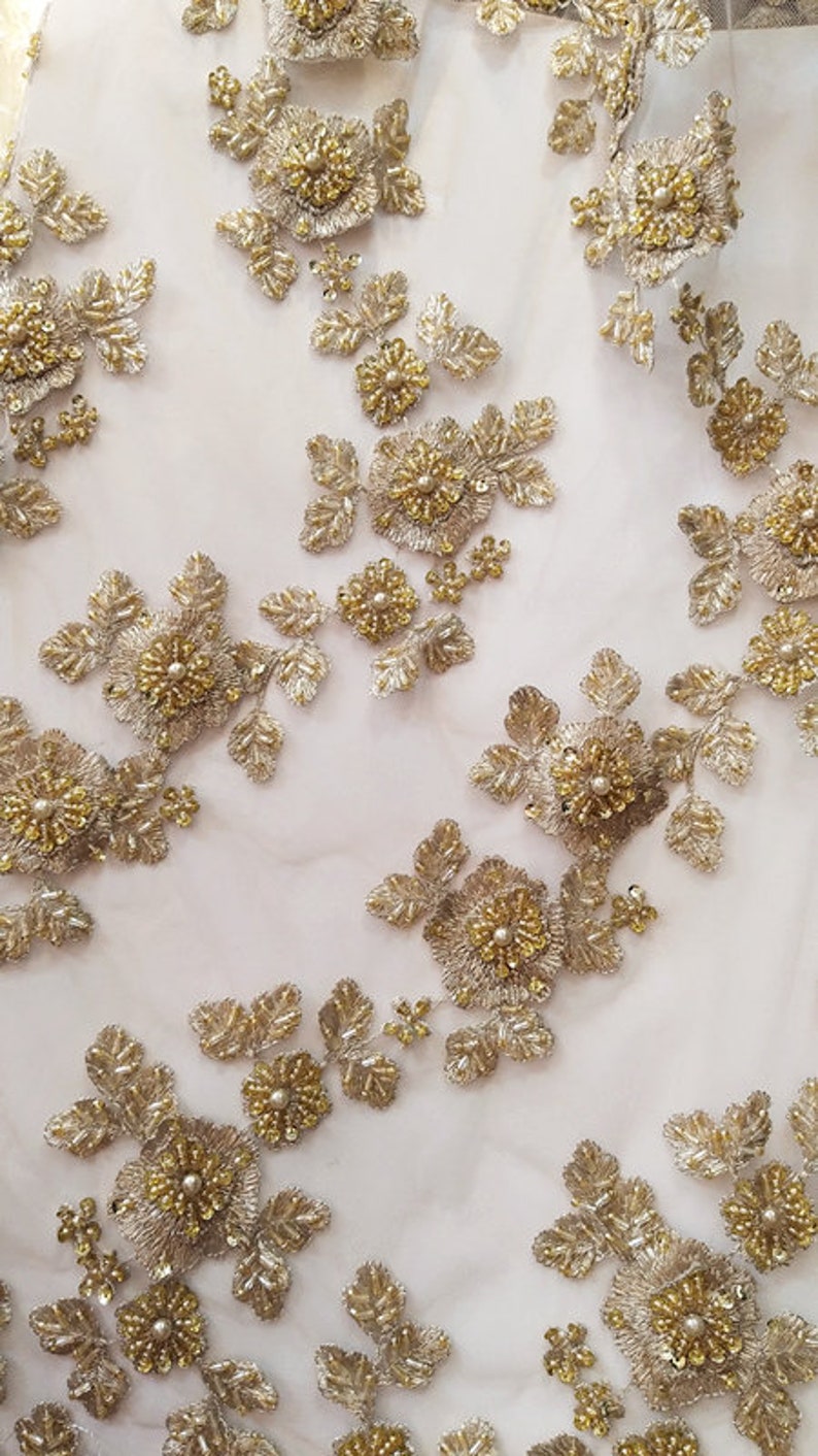 Super Delicate Gold Heavy Beaded 3D Lace Fabric 3D Flowers Etsy UK