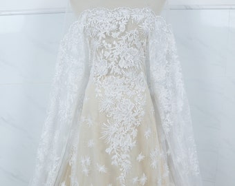 pure white bridal lace fabric by the yard, big white cord alencon French floral embroidered lace applique for wedding dress sewing