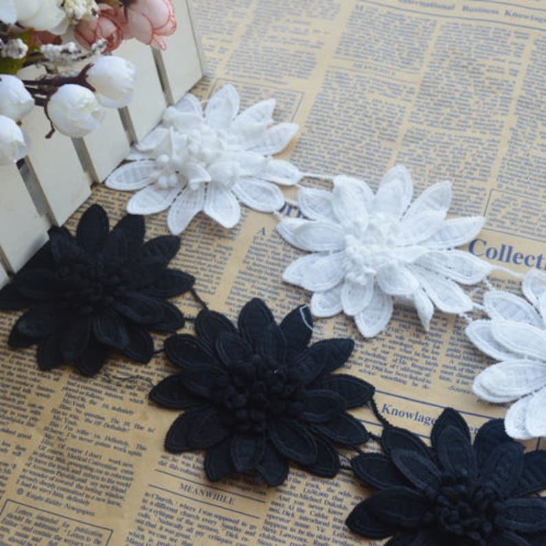 black venice 3D flowers lace trim floral scalloped embroidered lace trim fabric by the yard