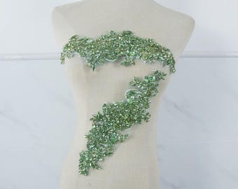 Deluxe light green rhinestone appliques, encrusted beaded lace patch shoulder collar bodice handcraft Bridal Sash headpieces Accessories