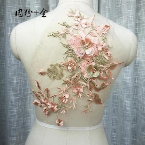 3D peach and gold lace applique flowers, 3D floral Embroidered Bridal Applique for Dance Costumes , Bridal Gown Hem Accessories