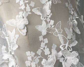 3D butterfly Lace fabric by the yard, off white 3D butterflies appliques lace fabric for wedding sewing accessories