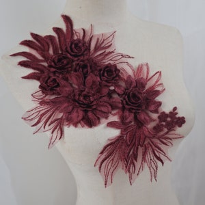 Applique in pizzo con fiori 3D rosso vino, Applique in pizzo ricamato da sposa bordeaux rosso scuro per costumi da ballo, accessori per orli di abiti da sposa