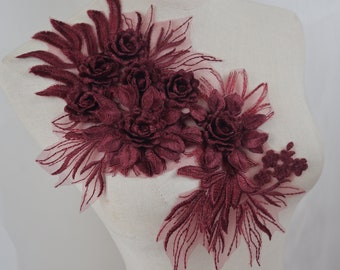 wine red 3D flowers lace applique, dark deep red Burgundy Embroidered Bridal Lace Applique for Dance Costumes , Bridal Gown Hem Accessories