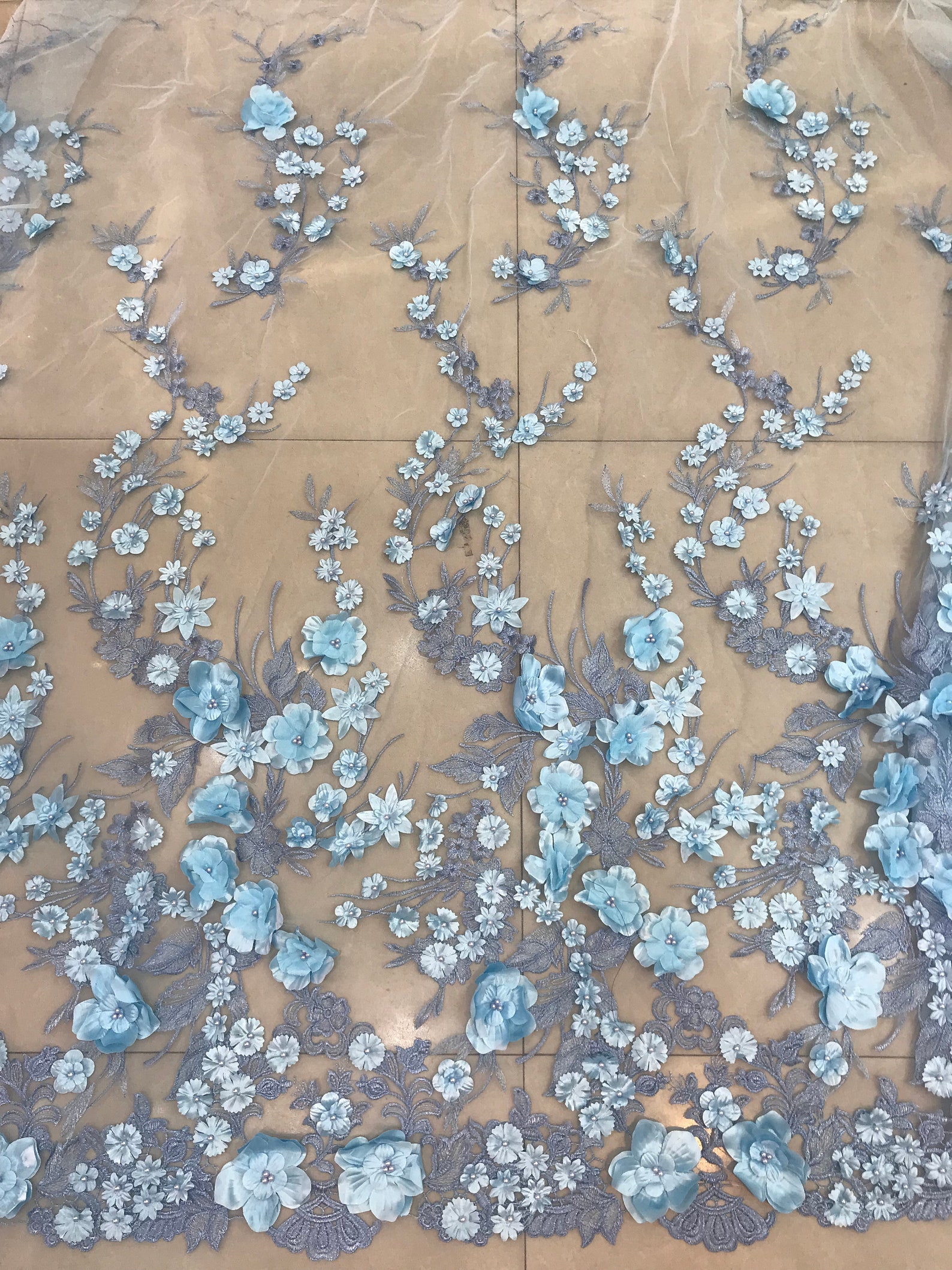 Blue 3D Flowers Lace Fabric by the Yard, 3D Embroidered Floral ...