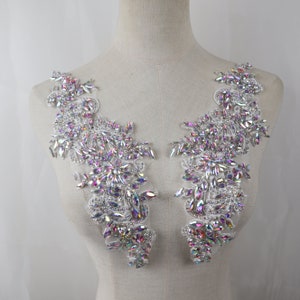 silver AB rhinestone appliques,  Deluxe beaded handcraft crystal floral collar bodice applique Bridal Sash belt headpieces Accessories
