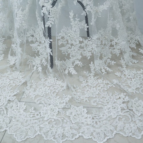 Off white heavy beaded Lace fabric by the yard, bridal lace fabric buy for huate couture sewing accessories