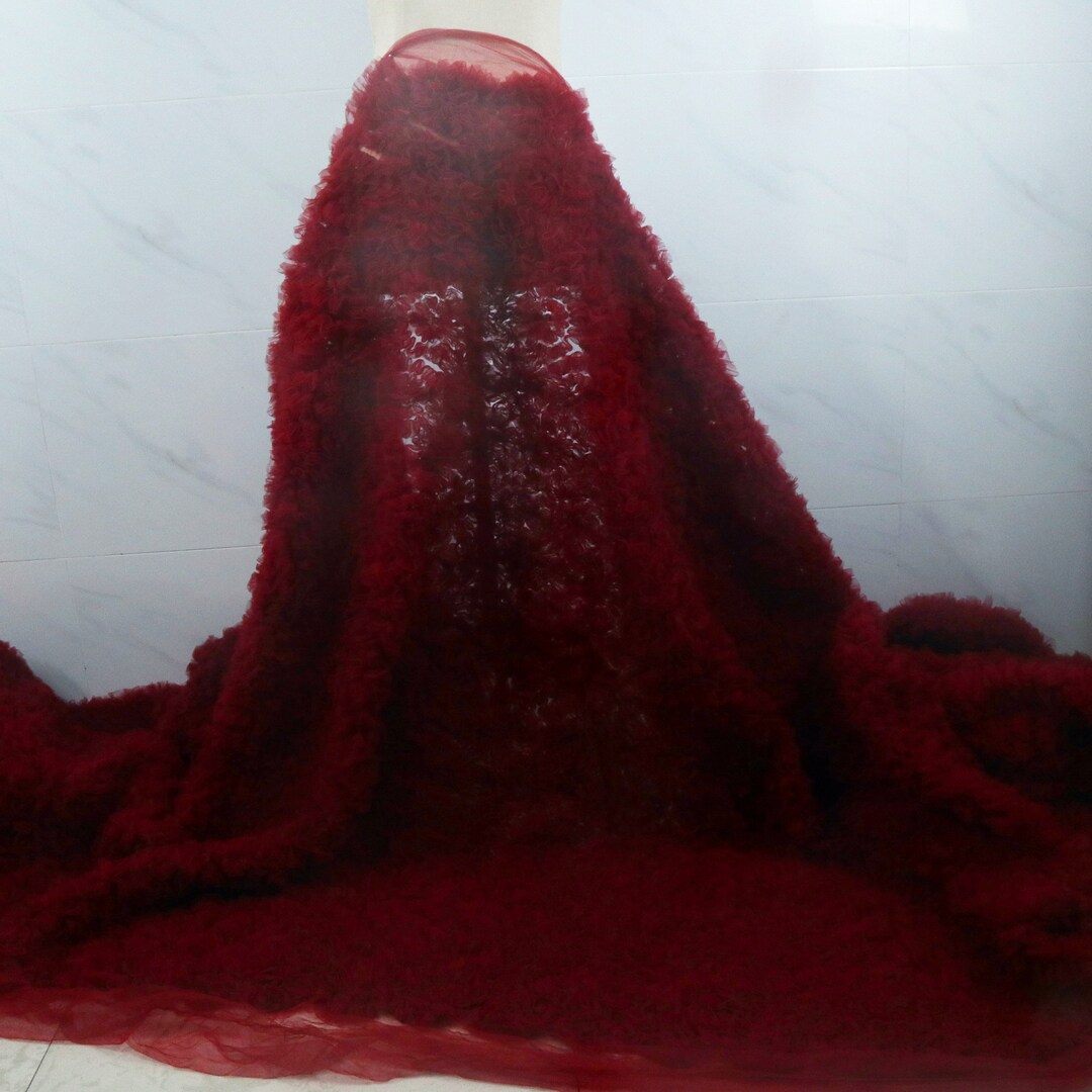 Deluxe Dark Red 3D Rosette Ruffle Fabric, 3D Wedding Fabric, Ruffled ...