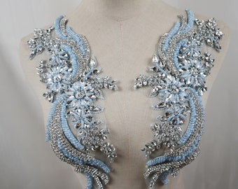 Luxury light blue & silver rhinestone applique, 3D beaded shoulder collar bodice pair appliques handcraft Bridal Sash headpieces Accessories
