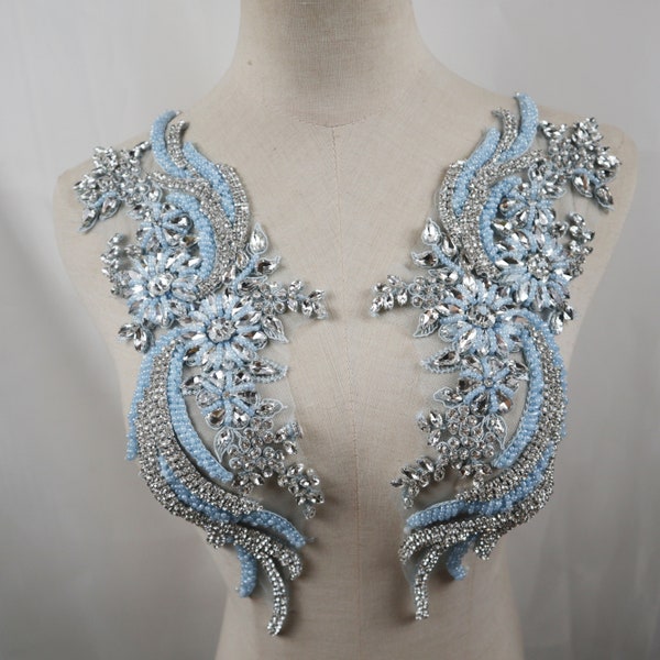 Luxe lichtblauwe & zilveren strass applique, 3D kralen schouder kraag lijfje paar appliques handwerk Bruids vleugel zendspoelselen Accessoires