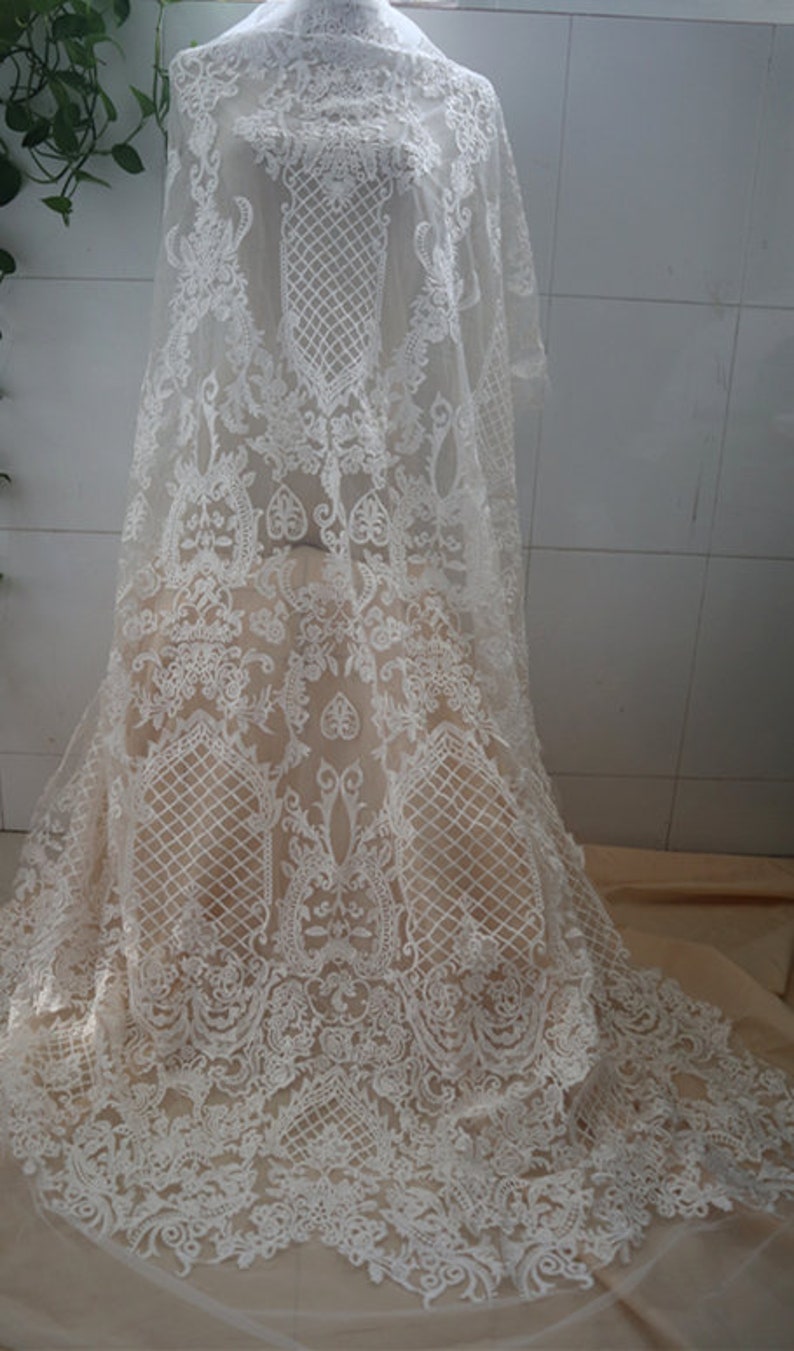 bridal lace fabric by the yard French embroidered floral lace fabric Vintage Ivory bridal Lace Fabric