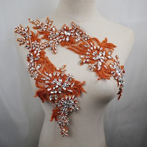 Deluxe orange silver rhinestone appliques, handmade beaded lace patches for shoulder collar bodice Bridal Sash headpiece Accessories