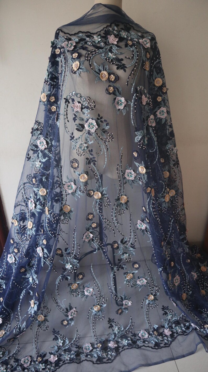 Navy Blue 3D Lace Fabric, Dark Blue Embroidered 3D Flowers Fabric for ...