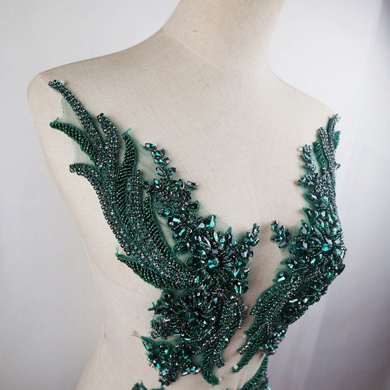 Deluxe Green Rhinestone Appliques, Encrusted Beaded Lace  display picture 2