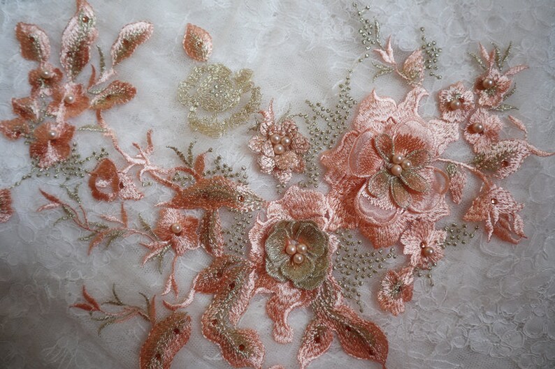 3D Peach Rose Flowers Lace Applique 3D Floral Embroidered Etsy