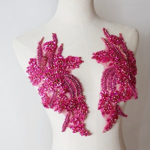hot pink rhinestone appliques, beaded flower shoulder collar bodice applique handcraft Bridal Sash headpieces Accessories