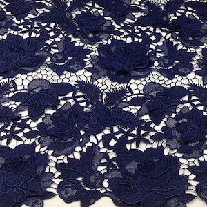 navy blue guipure lace fabric by the yard, venice crochet embroidered 3D floral lace fabric, hollow out embroidery lace fabric
