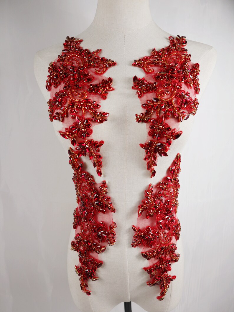 Luxury Red Rhinestone Beaded Applique, 3D Beaded Shoulder Collar Bodice ...