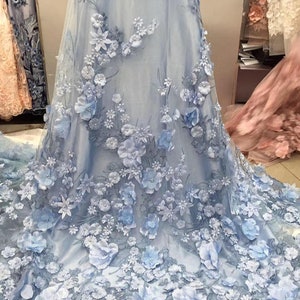 light blue 3D flowers bridal lace fabric by the yard, super delicate 3D embroidered floral embroidery lace fabric
