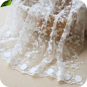 off white embroidered lace fabric by the yard, floral jacquard style lace fabric, vintage lace fabric