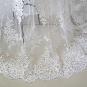 pure white bridal French lace fabric, snow white cord alencon embroidered floral lace fabric by the yard