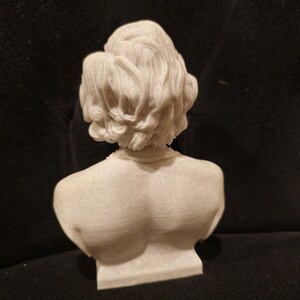May include: A white bust sculpture of a person with short, wavy hair. The bust is viewed from the back, showing the back of the neck and shoulders.