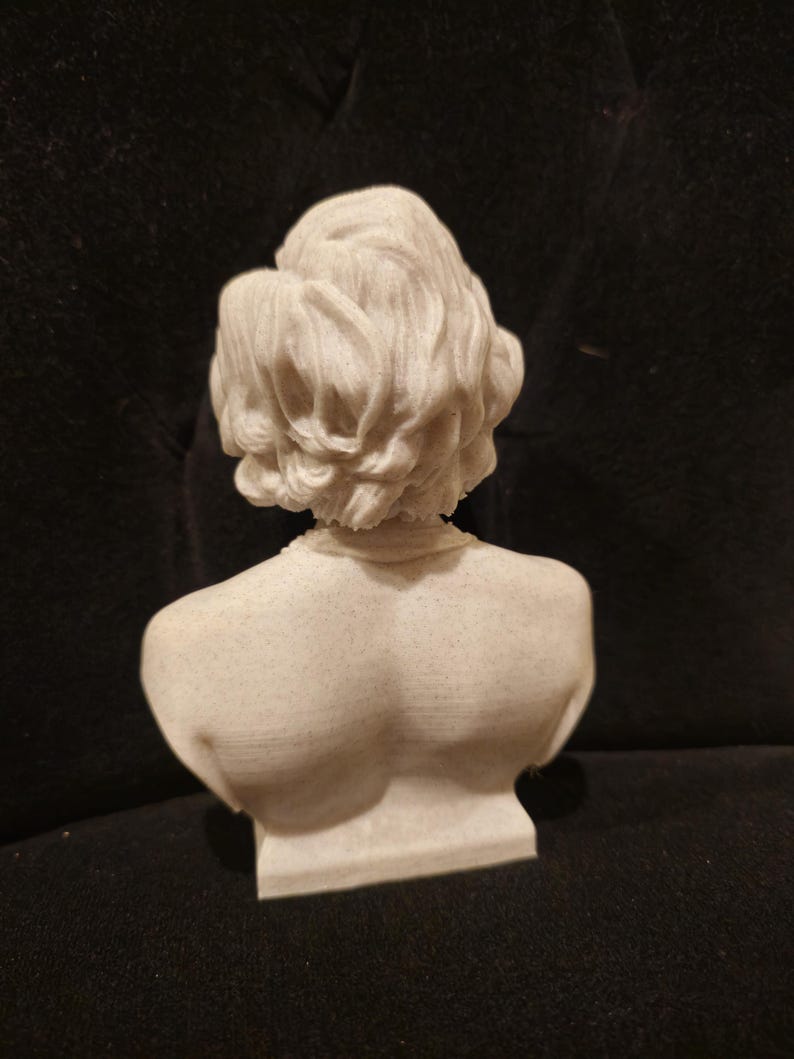May include: A white bust sculpture of a person with short, wavy hair. The bust is viewed from the back, showing the back of the neck and shoulders.