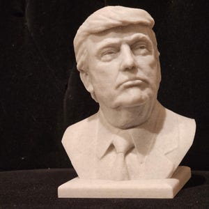 May include: A white marble bust sculpture of a man with short, wavy hair. The bust is on a white marble base.