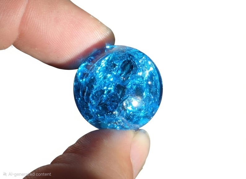 May include: A spherical glass marble featuring a vibrant blue colour with an internal crackled texture. The surface is smooth and reflective, catching light to highlight the intricate network of fractures within the transparent blue material.