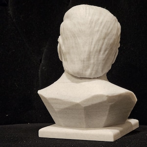 May include: White plaster bust sculpture of a person's head and shoulders. The bust is on a white base.