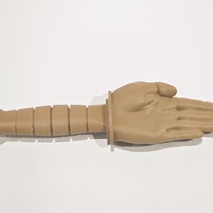 May include: A tan-colored, 3D printed hand with a segmented arm. The hand is open and the fingers are spread apart. The arm is segmented into several sections, giving it a textured appearance.
