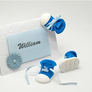 May include: A blue and white baby shoe with a white lace and a blue bow. The shoe is on a white card with a blue flower and the name "William" written on it.