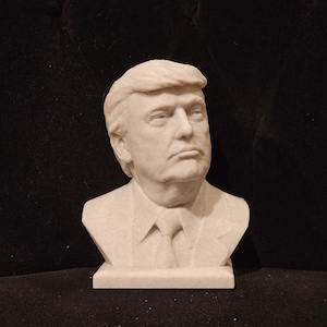 May include: A white bust sculpture of a person with short, wavy hair. The sculpture is on a white base.