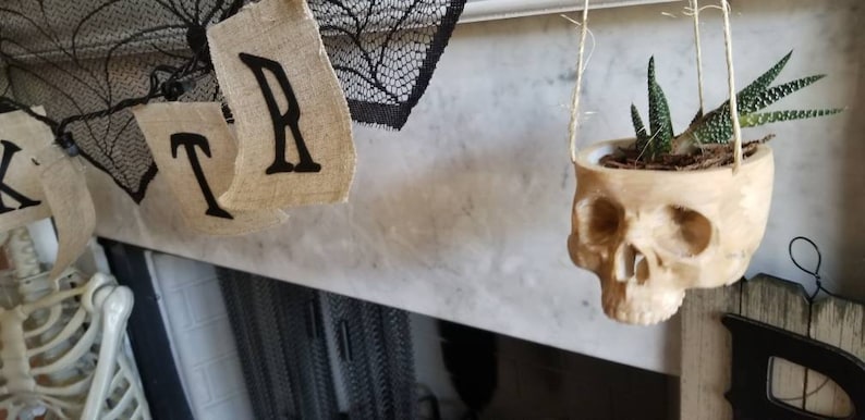 May include: A hanging planter shaped like a skull, made of beige ceramic, with a small succulent plant growing inside. The planter is hanging from a white string and is in front of a white marble fireplace.