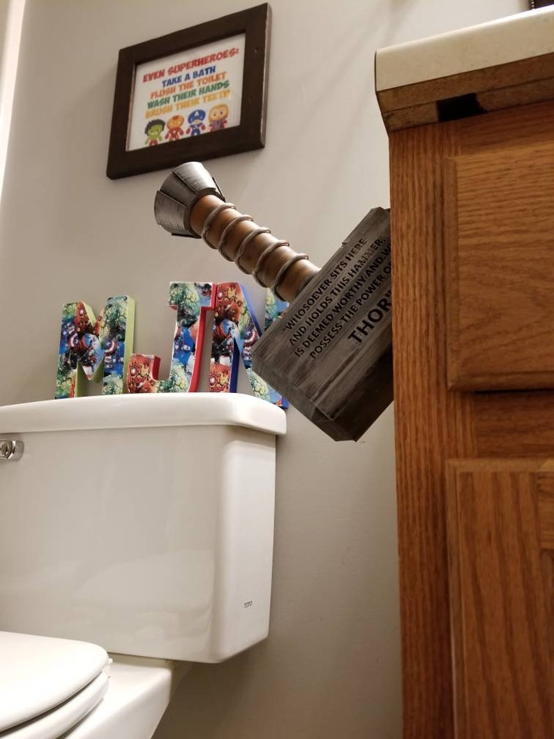 Thor's hammer Mjolnir toilet paper holder for an Avengers Marvel themed bathroom decor decoration tissue toilet Asgard Ragnarok TP shower image 4