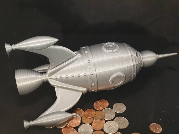 Vintage Rocket Piggy Bank Coin Money Cash Collectible Saving Box Toy Kids 