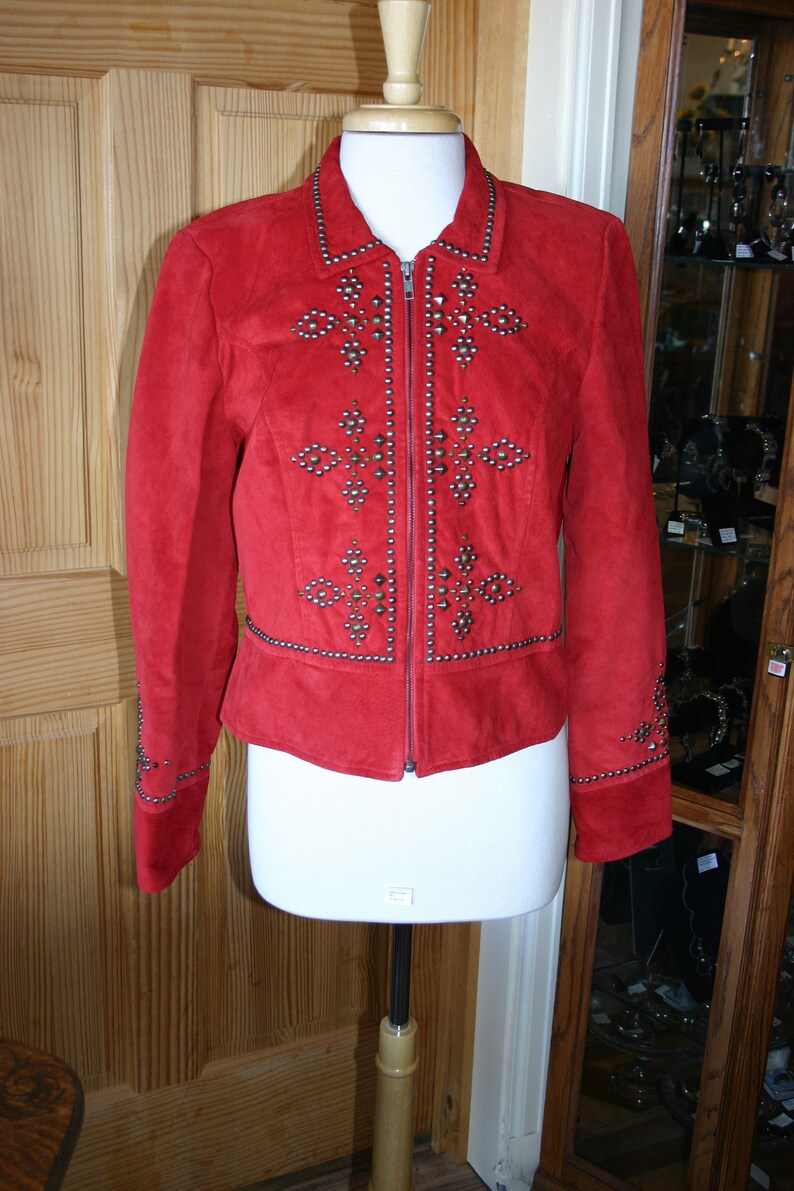 Double D Ranch Red Leather With Tack Designed Jacket Size M