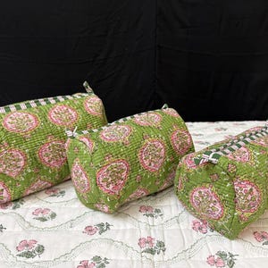 Set of 3 Cosmetic & Toiletry Storage Cotton Pouch / Cotton Quilted Travel Cases Pouches Perfect Valentine Day Gift