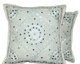 Indian Embroidery Work White Pakka mirror work handmade handwork cushion cover 5 piece set.