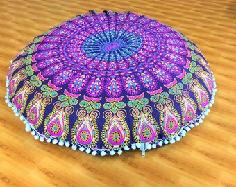 Indian Mandala Floor Cushion Cover, 32" Purple Cotton Pillow
