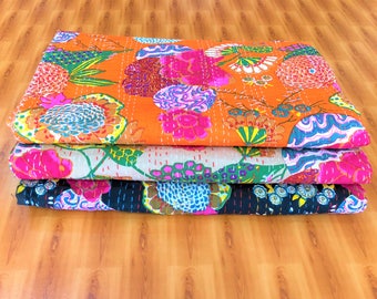 King Size Floral Kantha Quilt, Indian Cotton Bedspread (90" x 108") - 3 Piece Set