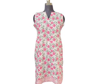 Handmade Cotton Midi Dress: Sleeveless Sundress with Red Block Print