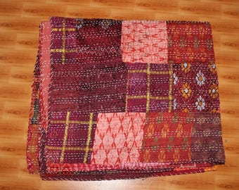 Vintage Quilt Old Patola Indian Silk Sari Kantha Quilted Patchwork Bedspread