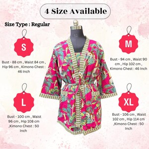 May include: A pink kimono with a green and white floral pattern is displayed on a mannequin. The text "4 Size Available" is at the top. Size details are provided for S, M, L, and XL, including bust, waist, hip, and kimono chest measurements in centimeters and inches.