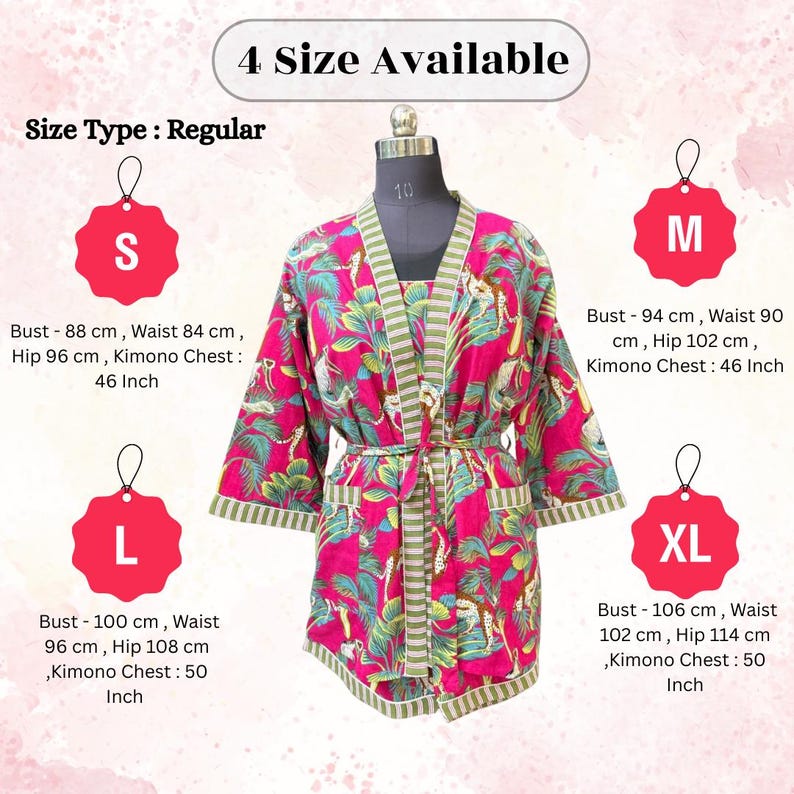 May include: A pink kimono with a green and white floral pattern is displayed on a mannequin. The text "4 Size Available" is at the top. Size details are provided for S, M, L, and XL, including bust, waist, hip, and kimono chest measurements in centimeters and inches.