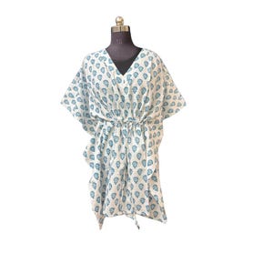 Linen Cotton Printed Kaftan Luxury beach coverup Linen cotton Kaftan white blue Beach Dress Cruise wear Resort wear Sumer dress Short Kaftan